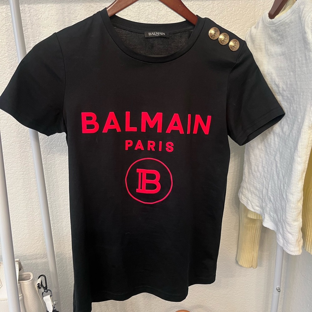 Balmain Black T-Shirt with Pink Logo